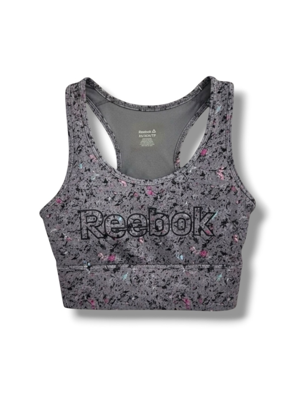 NWT Womens Reebok‎ Sports Bra XS Raceback Padded Gray Splatter Print Activewear